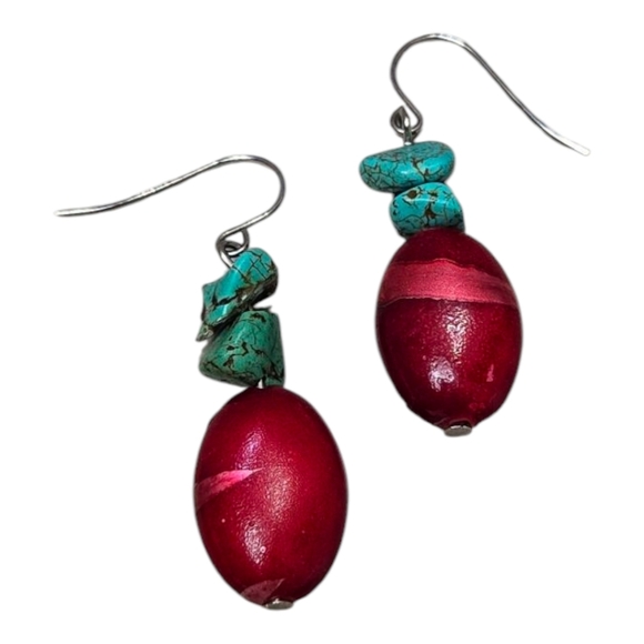 Vintage Red Bead and Turquoise Dangle Earrings Inclued Extra 925 Silver Hooks - Picture 3 of 17